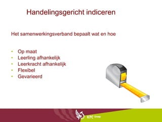 Handelingsgericht indiceren Het samenwerkingsverband bepaalt wat en hoe Op maat Leerling afhankelijk Leerkracht afhankelijk Flexibel Gevarieerd 