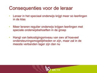 Consequenties voor de leraar Leraar in het speciaal onderwijs krijgt meer so leerlingen in de klas Meer leraren regulier onderwijs krijgen leerlingen met speciale onderwijsbehoeften in de groep  Hangt van bekostigingsniveau van swv af hoeveel ondersteuningsmogelijkheden er zijn, maar zal in de meeste verbanden lager zijn dan nu 