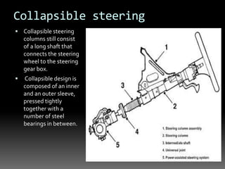 Collapsible steering
 Collapsible steering
columns still consist
of a long shaft that
connects the steering
wheel to the steering
gear box.
 Collapsible design is
composed of an inner
and an outer sleeve,
pressed tightly
together with a
number of steel
bearings in between.
 