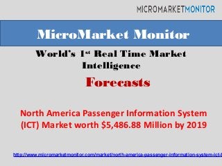 World’s 1st
Real Time Market
Intelligence
North America Passenger Information System
(ICT) Market worth $5,486.88 Million by 2019
MicroMarket Monitor
Forecasts
http://www.micromarketmonitor.com/market/north-america-passenger-information-system-ict-8
 