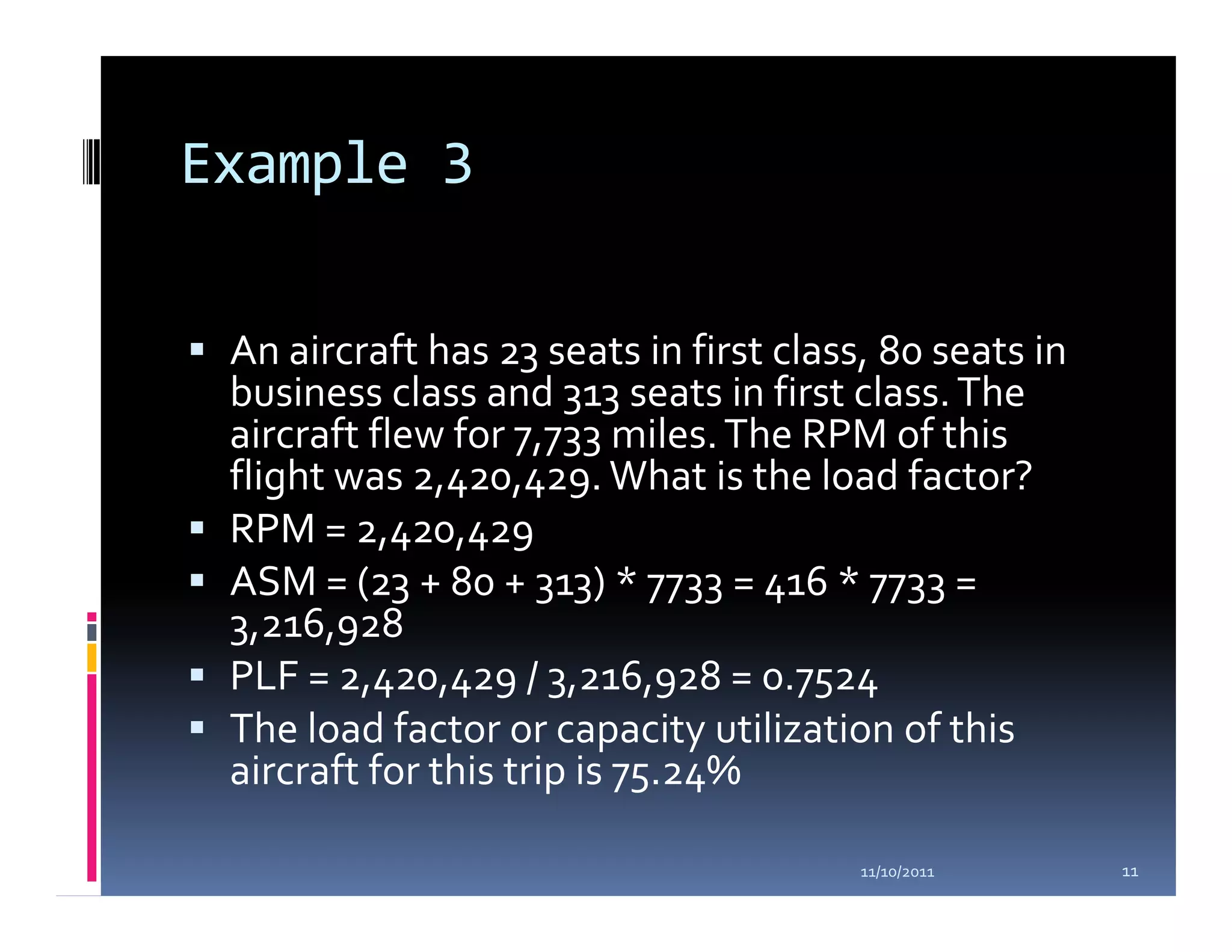 Example 3

 An aircraft has 23 seats in first class, 80 seats in
 business class and 313 seats in first class. The
 aircraft flew for 7,733 miles. The RPM of this
 flight was 2,420,429. What is the load factor?
 RPM = 2,420,429
 ASM = (23 + 80 + 313) * 7733 = 416 * 7733 =
 3,216,928
 PLF = 2,420,429 / 3,216,928 = 0.7524
 The load factor or capacity utilization of this
 aircraft for this trip is 75.24%

                                        11/10/2011      11
 