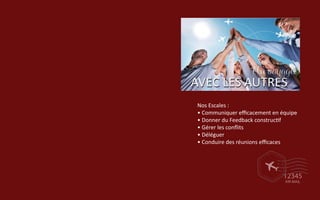Nos Escales :
• Communiquer efficacement en équipe
• Donner du Feedback constructif
• Gérer les conflits
• Déléguer
• Conduire des réunions efficaces
AVEC LES AUTRESAVEC LES AUTRES
Un voyageUn voyage
 