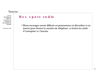 Des spots radio Deux messages seront diffusés en permanence en décembre et en janvier pour donner le numéro de téléphone  et inciter les chefs d ’entreprise à s ’inscrire  