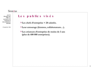 Les publics visés   Les chefs d’entreprise < 20 salariés. Leur entourage (femmes, collaborateurs…). Les créateurs d’entreprise de moins de 3 ans  (plus de 600 000 entreprises). 