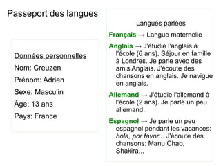 Passeport des langues Données personnelles Nom: Creuzen