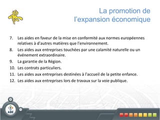 La promotion de
l’expansion économique
7. Les aides en faveur de la mise en conformité aux normes européennes
relatives à d'autres matières que l'environnement.
8. Les aides aux entreprises touchées par une calamité naturelle ou un
événement extraordinaire.
9. La garantie de la Région.
10. Les contrats particuliers.
11. Les aides aux entreprises destinées à l'accueil de la petite enfance.
12. Les aides aux entreprises lors de travaux sur la voie publique.
 