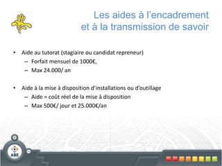 Les aides à l’encadrement
et à la transmission de savoir
• Aide au tutorat (stagiaire ou candidat repreneur)
– Forfait mensuel de 1000€,
– Max 24.000/ an
• Aide à la mise à disposition d’installations ou d’outillage
– Aide = coût réel de la mise à disposition
– Max 500€/ jour et 25.000€/an
 
