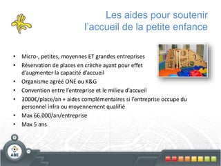 Les aides pour soutenir
l’accueil de la petite enfance
• Micro-, petites, moyennes ET grandes entreprises
• Réservation de places en crèche ayant pour effet
d’augmenter la capacité d’accueil
• Organisme agréé ONE ou K&G
• Convention entre l’entreprise et le milieu d’accueil
• 3000€/place/an + aides complémentaires si l’entreprise occupe du
personnel infra ou moyennement qualifié
• Max 66.000/an/entreprise
• Max 5 ans
 