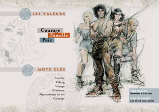 cible primaire
Hommes 25-34 ans
cible secondaire
Les 15-24 ans, mixte
L e s v a l e u r s
M o t s c l é s
Famille
Paix
Courage
Famille
Viking
Voyage
Aventure
Dépassement de soi
Courage
 