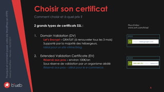 PourquoietcommentpasservotresiteWordPressenHTTPS
MeetupWordPress–Rennes–06/02/2017
2 grands types de certificats SSL :
1. Domain Validation (DV)
Let’s Encrypt – GRATUIT (à renouveler tous les 3 mois)
Supporté par la majorité des hébergeurs.
Idéal pour un site vitrine/blog.
2. Extended Validation Certificate (EV)
Réservé aux pros – environ 100€/an
Sous réserve de validation par un organisme dédié
Réservé aux pros – idéal pour le e-commerce.
Choisir son certificat
Comment choisir et à quel prix ?
6
Plus d’infos :
www.ovh.com/fr/ssl/
 