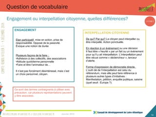 Janvier 2015 14
Question de vocabulaire
Engagement ou interpellation citoyenne, quelles différences?
ENGAGEMENT
Ce sont des termes contraignants à utiliser avec
précaution, car plusieurs représentations peuvent
y être associées.
De qui? Par qui? Le citoyen peut interpeller ou
être interpellé. Action ponctuelle.
En réaction à un évènement ou une décision
Il faut être « heurté » par un fait ou un évènement
pour qu’il y ait interpellation. L’interpellation peut
être vécue comme « déclencheur », lanceur
d’alerte.
Forme d’expression de démocratie directe.
L’outil clé de l’interpellation est celui du
référendum, mais elle peut faire référence à
plusieurs autres types d’initiatives :
Manifestation, pétition, enquête publique, saisine
(quel seuil : Europe ?)
Elan participatif, mise en action, prise de
responsabilité. Opposé de la passivité.
Évoque une notion de durée
Plusieurs façons de le faire :
•Adhésion à des collectifs, des associations
•Attitude quotidienne personnelle
•Faire et être l’animateur de…
Il n’est pas forcément désintéressé, mais c’est
un choix personnel, citoyen.
 