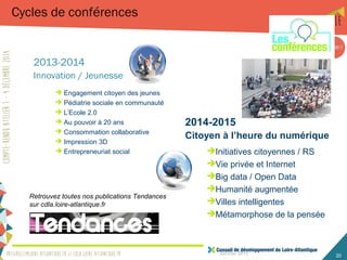Janvier 2015 20
Cycles de conférences
2013-2014
Innovation / Jeunesse
 Engagement citoyen des jeunes
 Pédiatrie sociale en communauté
 L’Ecole 2.0
 Au pouvoir à 20 ans
 Consommation collaborative
 Impression 3D
 Entrepreneuriat social
2014-2015
Citoyen à l’heure du numérique
Initiatives citoyennes / RS
Vie privée et Internet
Big data / Open Data
Humanité augmentée
Villes intelligentes
Métamorphose de la pensée
Retrouvez toutes nos publications Tendances
sur cdla.loire-atlantique.fr
 