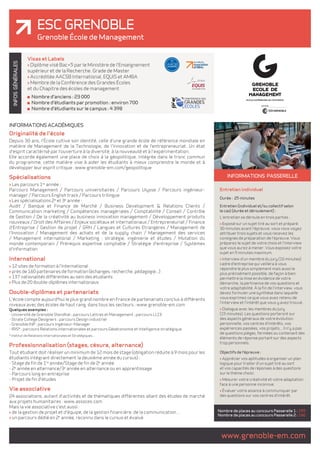 ESC GRENOBLE 
Grenoble école de Management 
GÉNÉRALES 
INFOS INFORMATIONS passerelle 
Entretien individuel 
Durée : 25 minutes 
Entretien (individuel et/ou collectif selon 
le cas) (durée et déroulement) : 
L'entretien se déroule en trois parties : 
> Exposé sur un sujet tiré au sort et préparé. 
30 minutes avant l'épreuve, vous vous voyez 
attribuer trois sujets et vous recevez les 
consignes de préparation de l'épreuve. Vous 
préparez le sujet de votre choix et l'interview 
que vous aurez à mener. Vous exposez votre 
sujet en 5 minutes maximum. 
> Interview d'un membre du jury (10 minutes) 
cadre d'entreprise qui veillera à vous 
répondre le plus simplement mais aussi le 
plus précisément possible, de façon à bien 
permettre la mise en évidence de votre 
démarche, la pertinence de vos questions et 
votre adaptabilité. À la fin de l'interview, vous 
devez formuler une synthèse dans laquelle 
vous exprimez ce que vous avez retenu de 
l'interview et l'intérêt que vous y avez trouvé. 
> Dialogue avec les membres du Jury 
(15 minutes). Les questions porteront sur 
des aspects généraux de votre évolution 
personnelle, vos centres d'intérêts, vos 
expériences passées, vos projets... Il n'y a pas 
de questions pièges, fermées ou contenant des 
éléments de réponse portant sur des aspects 
trop personnels. 
Objectifs de l'épreuve : 
> Apprécier vos aptitudes à organiser un plan 
logique pour traiter d'un sujet tiré au sort 
et vos capacités de réponses à des questions 
sur le thème choisi. 
> Mesurer votre créativité et votre adaptation 
face à une personne inconnue. 
> Évaluer votre aisance à communiquer par 
des questions sur vos centres d'intérêt. 
www.grenoble-em.com Visas et Labels 
> Diplôme visé Bac+5 par le Ministère de l'Enseignement 
supérieur et de la Recherche. Grade de Master 
> Accréditée AACSB International, EQUIS et AMBA 
> Membre de la Conférence des Grandes Écoles 
et du Chapitre des écoles de management 
Nombre d'anciens : 23 000 
Nombre d'étudiants par promotion : environ 700 
Nombre d'étudiants sur le campus : 4 398 
INFORMATIONS ACADÉMIQUES 
Originalité de l'école 
Depuis 30 ans, l'École cultive son identité, celle d'une grande école de référence mondiale en 
matière de Management de la Technologie, de l'innovation et de l'entrepreneuriat. Un état 
d'esprit caractérisé par l'ouverture à la diversité, à la nouveauté et à l'expérimentation. 
Elle accorde également une place de choix à la géopolitique. Intégrée dans le tronc commun 
du programme, cette matière vise à aider les étudiants à mieux comprendre le monde et à 
développer leur esprit critique : www.grenoble-em.com/geopolitique 
Spécialisations 
> Les parcours 1re année : 
Parcours Management / Parcours universitaires / Parcours Ulysse / Parcours ingénieur-manager 
/ Parcours English track / Parcours trilingue 
> Les spécialisations 2e et 3e année : 
Audit / Banque et Finance de Marché / Business Development & Relations Clients / 
Communication marketing / Compétences managériales / Comptabilité / Conseil / Contrôle 
de Gestion / De la créativité au business innovation management / Développement produits 
nouveaux / Droit des Affaires / Enjeux sociétaux et internationaux / Entrepreneuriat / Finance 
d'Entreprise / Gestion de projet / GRH / Langues et Cultures Etrangères / Management de 
l'Innovation / Management des achats et de la supply chain / Management des services 
/ Management international / Marketing : stratégie, ingénierie et études / Mutation du 
monde contemporain / Prérequis expertise comptable / Stratégie d'entreprise / Systèmes 
d'information 
International 
> 12 sites de formation à l'international 
> près de 160 partenaires de formation (échanges, recherche, pédagogie...) 
> 137 nationalités différentes au sein des étudiants 
> Plus de 20 double-diplômes internationaux 
Double-diplômes et partenariats 
L'école compte aujourd'hui le plus grand nombre en France de partenariats conclus à différents 
niveaux avec des écoles de haut rang, dans tous les secteurs : www.grenoble-em.com 
Quelques exemples : 
- Université de Grenoble Stendhal : parcours Lettres et Management ; parcours LLCE 
- Strate College Designers : parcours Design industriel 
- Grenoble INP : parcours Ingénieur-Manager 
- IRIS* : parcours Relations internationales et parcours Géoéconomie et Intelligence stratégique 
* Institut de Relations Internationales et Stratégiques... 
Professionnalisation (stages, césure, alternance) 
Tout étudiant doit réaliser un minimum de 12 mois de stage (obligation réduite à 9 mois pour les 
étudiants intégrant directement la deuxième année du cursus) : 
- Stage de fin de 1re année/Stage de fin de 2e année 
- 2e année en alternance/3e année en alternance ou en apprentissage 
- Parcours long en entreprise 
- Projet de fin d'études 
Vie associative 
24 associations, autant d'activités et de thématiques différentes allant des études de marché 
aux projets humanitaires : www.assoces.com 
Mais la vie associative c'est aussi : 
> de la gestion de projet et d'équipe, de la gestion financière, de la communication... 
> un parcours dédié en 2e année, reconnu dans le cursus et évalué 
Nombre de places au concours Passerelle 1 : 155 
Nombre de places au concours Passerelle 2 : 140 
 