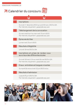 concours passerelle 
26 
Calendrier du concours 
Inscriptions 
Du lundi 1er décembre 2014 au lundi 30 mars 2015 à 12h. 
Par Internet uniquement : passerelle-esc.com 
Téléchargement de la convocation 
Du mercredi 8 avril au mercredi 15 avril 2015. 
Par Internet uniquement : passerelle-esc.com 
Épreuves écrites 
Le mercredi 15 avril 2015. 
Résultats d'éligibilité 
Le lundi 18 mai 2015 à 10h. 
Inscriptions et prises de rendez-vous 
aux oraux des différentes écoles 
Du lundi 18 mai à 11h au mardi 26 mai 2015 à 12h. 
Par Internet uniquement : passerelle-esc.com 
Oraux : entretiens et langues vivantes 
Du mardi 26 mai au lundi 15 juin 2015 inclus. 
Résultats d'admission 
Le jeudi 25 juin 2015 à 10h. 
Par Internet uniquement : passerelle-esc.com 
 