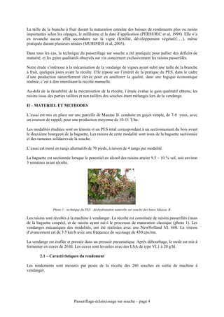 La taille de la branche à fruit durant la maturation entraîne des baisses de rendements plus ou moins
importantes selon les cépages, le millésime et la date d’application (PERSURIC et al, 1998). Elle n’a
en revanche aucun effet secondaire sur la vigne (fertilité, développement végétatif,….), même
pratiquée durant plusieurs années (MURISIER et al, 2005).

Dans tous les cas, la technique du passerillage sur souche a été pratiquée pour pallier des déficits de
maturité, et les gains qualitatifs observés sur vin concernent exclusivement les raisins passerillés.

Notre étude s’intéresse à la mécanisation de la vendange de vignes ayant subit une taille de la branche
à fruit, quelques jours avant la récolte. Elle repose sur l’intérêt de la pratique du PES, dans le cadre
d’une production naturellement élevée pour en améliorer la qualité, dans une logique économique
réaliste, c’est à dire interdisant la récolte manuelle.

Au-delà de la faisabilité de la mécanisation de la récolte, l’étude évalue le gain qualitatif obtenu, les
raisins issus des parties taillées et non taillées des souches étant mélangés lors de la vendange.

II – MATERIEL ET METHODES

L’essai est mis en place sur une parcelle de Mauzac B. conduite en guyot simple, de 7-8 yeux, avec
un courson de rappel, pour une production moyenne de 10-11 T/ha.

Les modalités étudiées sont un témoin et un PES total correspondant à un sectionnement du bois avant
le deuxième bourgeon de la baguette. Les raisins de cette modalité sont issus de la baguette sectionnée
et des rameaux solidaires de la souche.

L’essai est mené en rangs alternatifs de 70 pieds, à raison de 4 rangs par modalité.

La baguette est sectionnée lorsque le potentiel en alcool des raisins atteint 9.5 – 10 % vol, soit environ
3 semaines avant récolte.




                Photo 1 : technique du PES : déshydratation naturelle sur souche des baies Mauzac B.

Les raisins sont récoltés à la machine à vendanger. La récolte est constituée de raisins passerillés (issus
de la baguette coupée), et de raisins ayant suivi le processus de maturation classique (photo 1). Les
vendanges mécaniques des modalités, ont été réalisées avec une NewHolland VL 660. La vitesse
d’avancement est de 3.5 km/h avec une fréquence de secouage de 430 cps/mn.

La vendange est éraflée et pressée dans un pressoir pneumatique. Après débourbage, le moût est mis à
fermenter en cuves de 20 hl. Les cuves sont levurées avec des LSA de type VL1 à 20 g/hl.

        2.1 – Caractéristiques du rendement

Les rendements sont mesurés par pesée de la récolte des 280 souches en sortie de machine à
vendanger.




                               Passerillage-éclaircissage sur souche – page 4
 