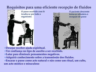 Requisitos para uma eficiente recepção de fluidos Desejar receber ajuda espiritual. Ter confiança no tipo de auxílio a ser recebido. Lutar para diminuir pensamentos negativos. Adquirir conhecimento sobre a transmissão dos fluidos. Encarar o passe como acto natural e não como um ritual, um culto,  um acto místico e miraculoso O passe recebido com fé irradia-se por todo o organismo. O paciente descrente torna-se refratária à recepção do passe 