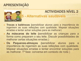 APRESENTAÇÃO					 Actividades Nível 2     5 - Alternativas saudáveis   Trocas e baldrocas (sensibilizar alunos para a importância de ingerirem as suas refeições com qualidade. Mapear situações erradas e tentar achar soluções para as melhorar)As máscaras do leite (sensibilizar as crianças para a forma como preparam o seu leite. Discutir possibilidades de melhorar certas situações erradas.)Os Pequenos-almoços (sensibilizar alunos para a importância de ingerirem as suas refeições com qualidade. Mapear situações erradas e tentar encontrar soluções para as melhorar. 1ª fase: conversa em contexto de roda )