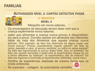 FAMILIAS 	Actividades Nível 2: CARTÃO DETECTIVE PASSE6- MISSÕESNÍVEL 4     “Mergulho em novos sabores… ”Os encarregados de educação devem fazer com que a criança experimente novos sabores. saber que alimentos a criança nunca provou e disponibilizá-los para a prova. Convém pensar em alimentos das diferentes fatias da roda dos Alimentos que aquela criança nunca provou. (Por exemplo: da fatia dos lacticínios há algum queijo que nunca provou? Provou recentemente iogurte natural? Da fatia da carne, pescado e ovos, já provou sardinha, ou solha ou peixe espada? Da fatia das leguminosas já provou feijão frade, fava ou lentilhas? Da fatia dos cereais derivados e tubérculos já experimentou massa de cor e forma diferente do habitual? Já experimentou pão de mistura? Da fatia dos legumes e hortícolas já experimentou beterraba, couve roxa,) Partilha de experiências realizada da mesma forma que os níveis anteriores.Se superado – colagem  do autocolante vermelho  