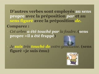 D’autres verbes sont employés  au sens propre  avec la préposition  par   et au  sens figuré  avec la préposition  de. Comparez : Cet arbre  a été touché par  la foudre.  ( sens propre =il a été frappé ) Je   suis   très  touché de   votre gentillesse.  (sens figuré =je suis ému)  