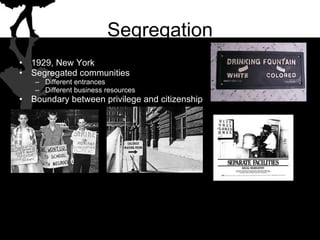 Segregation 1929, New York Segregated communities Different entrances Different business resources Boundary between privilege and citizenship 