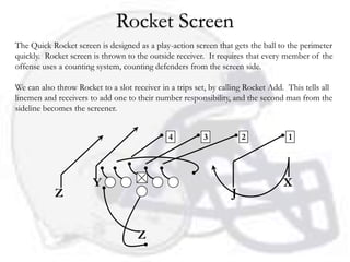 Rocket Screen
The Quick Rocket screen is designed as a play-action screen that gets the ball to the perimeter
quickly. Rocket screen is thrown to the outside receiver. It requires that every member of the
offense uses a counting system, counting defenders from the screen side.

We can also throw Rocket to a slot receiver in a trips set, by calling Rocket Add. This tells all
linemen and receivers to add one to their number responsibility, and the second man from the
sideline becomes the screener.


                                              4          3            2            1




                       Y                                                         X
            Z                                                     J


                                     Z
 