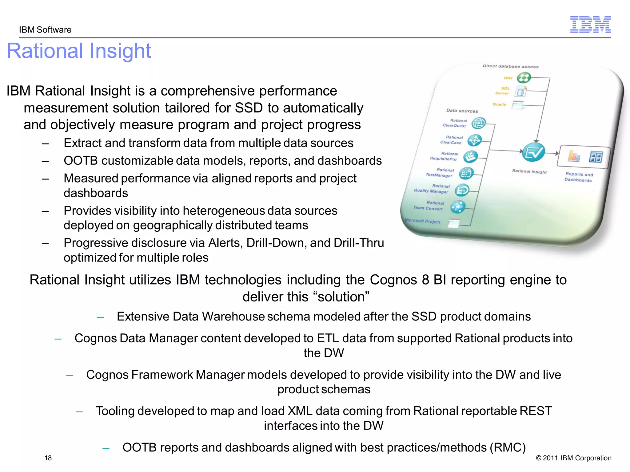 IBM Software

Rational Insight
IBM Rational Insight is a comprehensive performance
  measurement solution tailored for SSD to automatically
  and objectively measure program and project progress
      –        Extract and transform data from multiple data sources
      –        OOTB customizable data models, reports, and dashboards
      –        Measured performance via aligned reports and project
               dashboards
      –        Provides visibility into heterogeneous data sources
               deployed on geographically distributed teams
      –        Progressive disclosure via Alerts, Drill-Down, and Drill-Thru
               optimized for multiple roles
   Rational Insight utilizes IBM technologies including the Cognos 8 BI reporting engine to
                                       deliver this “solution”
                        –    Extensive Data Warehouse schema modeled after the SSD product domains
           –       Cognos Data Manager content developed to ETL data from supported Rational products into
                                                         the DW
               –       Cognos Framework Manager models developed to provide visibility into the DW and live
                                                    product schemas
                   –    Tooling developed to map and load XML data coming from Rational reportable REST
                                                      interfaces into the DW
                         –   OOTB reports and dashboards aligned with best practices/methods (RMC)
      18                                                                                              © 2011 IBM Corporation18
 