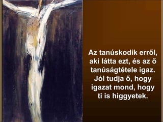 Az tanúskodik erről,
aki látta ezt, és az ő
tanúságtétele igaz.
Jól tudja ő, hogy
igazat mond, hogy
ti is higgyetek.
 