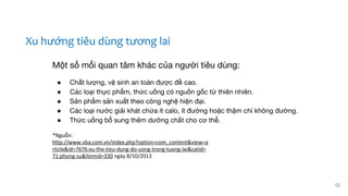 Một số mối quan tâm khác của người tiêu dùng:
● Chất lượng, vệ sinh an toàn được đề cao.
● Các loại thực phẩm, thức uống có nguồn gốc từ thiên nhiên.
● Sản phẩm sản xuất theo công nghệ hiện đại.
● Các loại nước giải khát chứa ít calo, ít đường hoặc thậm chí không đường.
● Thức uống bổ sung thêm dưỡng chất cho cơ thể.
*Nguồn:
http://www.vba.com.vn/index.php?option=com_content&view=a
rticle&id=7676:xu-the-tieu-dung-do-uong-trong-tuong-lai&catid=
71:phong-su&Itemid=330 ngày 8/10/2013
Xu hướng tiêu dùng tương lai
12
 