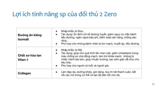 22
Đường ăn kiêng
Isomalt
● Nhập khẩu từ Đức.
● Tác dụng: ổn định chỉ số đường huyết, giảm nguy cơ mắc bệnh
tiểu đường, ngăn ngừa béo phì, kiểm soát cân nặng, chống sâu
răng…
● Phù hợp cho những bệnh nhân bị tim mạch, huyết áp, tiểu đường.
Chất xơ hòa tan
Vitan-1
● Nhập khẩu từ Mỹ.
● Tác dụng: giúp cho quá trình lên men ruột, giảm cholesterol trong
máu chống xơ vữa động mạch, làm tim khỏe mạnh, không bị
nhiệt, tránh táo bón, giúp nhuận trường, tạo cảm giác dễ chịu cho
tiêu hóa.
● Phù hợp cho người có tuổi và người già.
Collagen ● Làm đẹp da, dưỡng khớp, giữ dáng, duy trì nét thanh xuân, kết
nối các mô trong cơ thể và tạo độ đàn hồi cho da.
Lợi ích tính năng sp của đối thủ 2 Zero
 