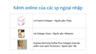 Kênh online của các sp ngoại nhập
Le Fraiche Collagen – Nguồn gốc: Pháp.
Up Collagen Soya – Nguồn gốc: Malaysia.
Express Slimming Coffee Plus Collagen (một sản
phẩm của Leptin American) - Nguồn gốc: Mỹ.
 