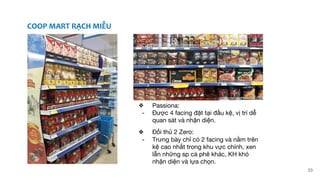 33
❖ Passiona:
- Được 4 facing đặt tại đầu kệ, vị trí dễ
quan sát và nhận diện.
❖ Đối thủ 2 Zero:
- Trưng bày chỉ có 2 facing và nằm trên
kệ cao nhất trong khu vực chính, xen
lẫn những sp cà phê khác, KH khó
nhận diện và lựa chọn.
COOP MART RẠCH MIỄU
 