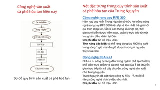 Sơ đồ quy trình sản xuất cà phê hoà tan
Công nghệ sản xuất
cà phê hòa tan hiện nay
Nét đặc trưng trong quy trình sản xuất
cà phê hòa tan của Trung Nguyên
Công nghệ rang xay RFB 350
Hiện nay duy nhất Trung Nguyên sở hữu hệ thống công
nghệ rang xay RFB 350 hiện đại và lớn nhất thế giới với
qui trình khép kín, tất cả các thông số nhiệt độ, thời
gian chế biến được kiếm soát, quản lý trực tiếp từ một
trung tâm điều khiển tại Đức.
Chi phí đầu tư: 40 triệu USD.
Tính năng đặc biệt: có thể rang cùng lúc 4000 kg café
trong vòng 1 giờ mà vẫn giữ được hương vị nguyên
thủy của café.
Công nghệ FEA.s.r.l
FEA.s.r.l - công ty hàng đầu trong ngành chế tạo thiết bị
chế biến thực phẩm và cà phê hoà tan của Ý đã chuyển
giao trực tiếp tất cả dây chuyền, công nghệ sản xuất
cho Trung Nguyên.
Trung Nguyên đã đặt hàng công ty FEA - Ý, thiết kế
riêng công nghệ trích ly đặc sắc nhất.
Chi phí đầu tư: 10 triệu USD.
7
 