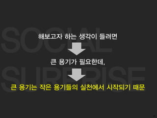 SOCIAL
SURPRISE
36
해보고자 하는 생각이 들려면
큰 용기가 필요한데,
큰 용기는 작은 용기들의 실천에서 시작되기 때문
 