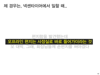 40
제 경우는, 넥센타이어에서 일할 때..
편지함을 발견했는데
오프라인 편지는 사장실로 바로 들어가더라는 것
오 대박. 그래, 회장님들께 손편지를 써야겠다
 