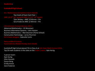 Academics: Scottsbluff High School: Am. Mathematics Competition Exam Awards	Two levels of Exam Each Year – AMC 10 (9th-10th grade) & AMC 12 (11th-12th grade)	Tyler Mickey – AMC 10 Winner – Pin	Sara Frederick AMC 12 Winner – Pin CSC Scholastic Contest Winners 2011 – Advanced Mathematics – Eli MummertBusiness Information Systems – John HaslamBusiness Mathematics – Mat Deannen (Home School)Construction Technology – Jarres PlummerGirl’s State delegate:  Gabrielle Carlin  National Merit Finalists:  Sara Frederick, Maddie Parsley, Karin Shedd Scottsbluff High School placed 7th in Class A at UNL State Math Contest 2010.  Top 50 math students in the state on the Probe 1 exam:  Kyle Hertig 5 person team:Kyle HertigGiles HovsethSimon DengEli MummertSara Frederick