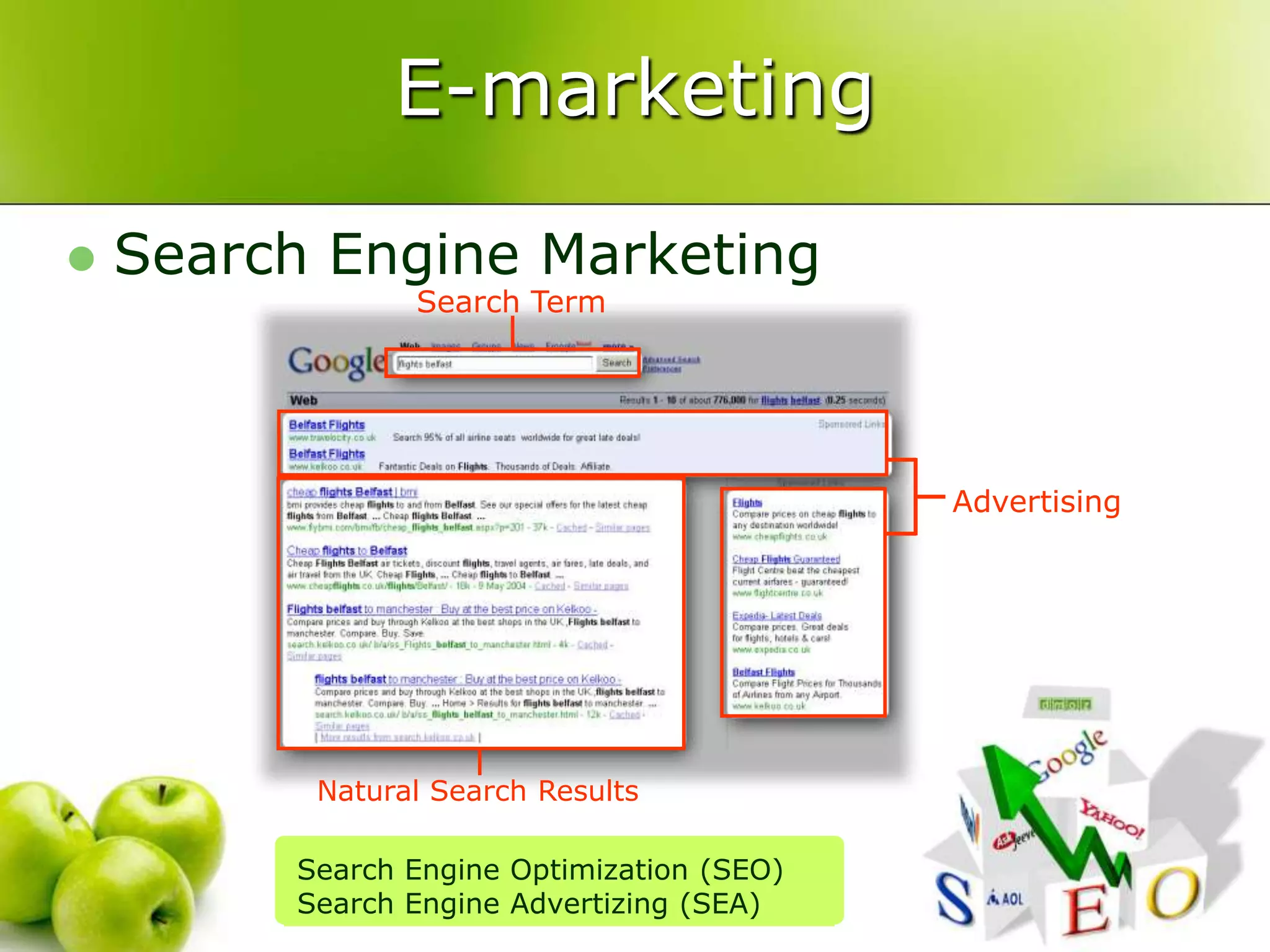 E-marketingSearch Engine MarketingSearch TermAdvertisingNatural Search ResultsSearch Engine Optimization (SEO)Search Engine Advertizing (SEA)
