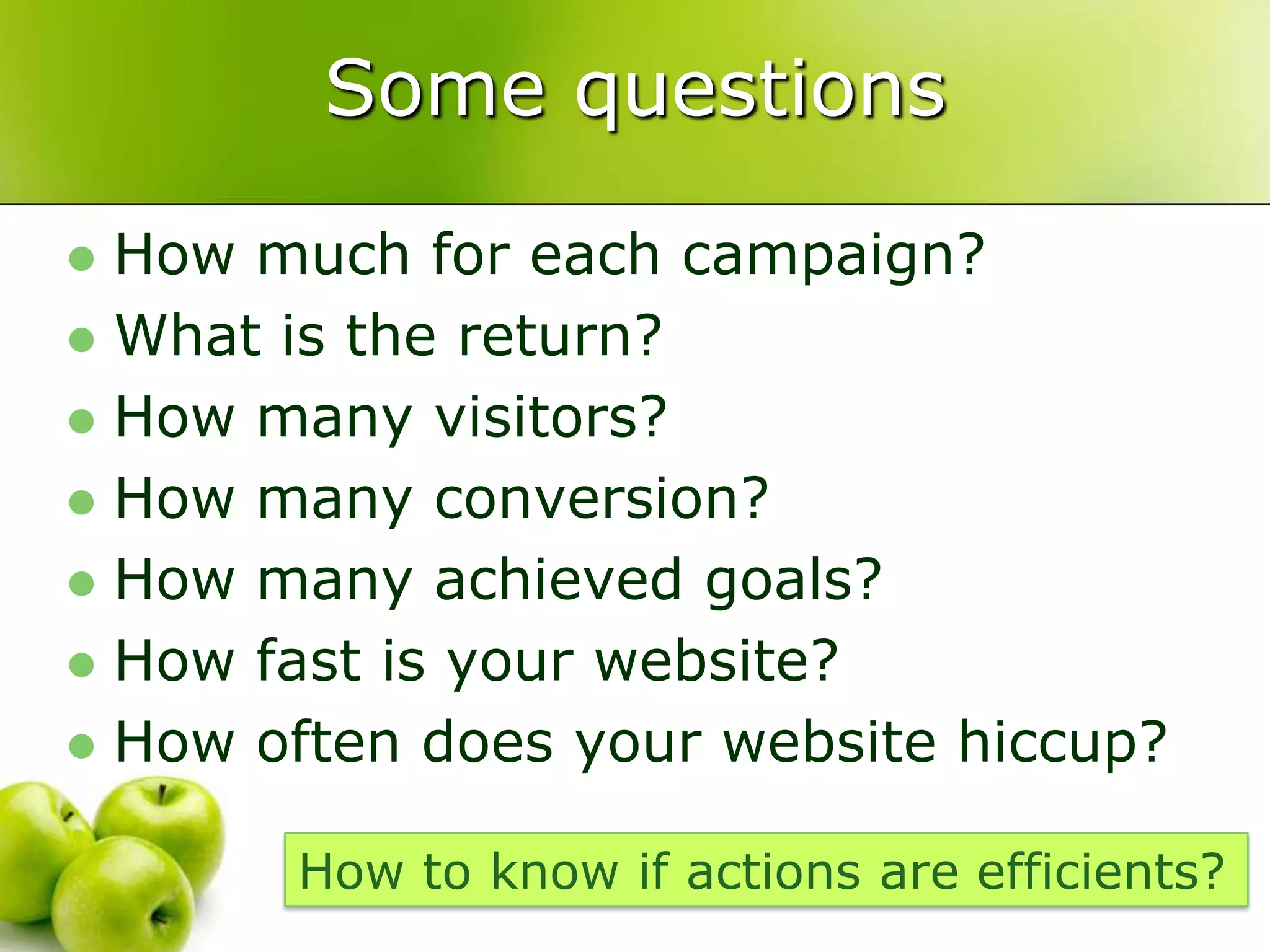 Some questionsHow much for each campaign?What is the return?How many visitors?How many conversion?How many achieved goals?How fast is your website?How often does your website hiccup?How to know if actions are efficients?