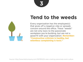 Source: http://www.fastcompany.com/1837853/8-rules-creating-passionate-work-culture
Tend to the weeds
Every organization h...