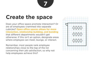 Create the space
Does your office space promote interaction? Or
are all employees crammed into separate
cubicles? Open off...
