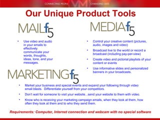 Use video and audio in your emails to effectively communicate your words, thoughts, ideas, tone, and your messages. Our Unique Product Tools Control your creative content (pictures, audio, images and video)  Broadcast live to the world or record a broadcast (including pay-per-view) Create video and pictorial playlists of your content or events  Use informative slides and personalized banners in your broadcasts. Market your business and special events and expand your following through video email blasts.  Differentiate yourself from your competitors. Don’t wait for someone to visit your website...send your website to them with video. Know who is receiving your marketing campaign emails, when they look at them, how often they look at them and to who they send them. Requirements: Computer, Internet connection and webcam with no special software 