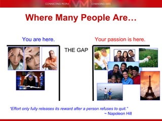 Where Many People Are… You are here. Your passion is here. THE GAP “ Effort only fully releases its reward after a person refuses to quit.”     ~ Napoleon Hill 