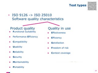 Test types

• ISO 9126 -> ISO 25010
Software quality characteristics
Product quality
●

Functional Suitability

●

Performance Efficiency

●

FECES
Compatibility

Quality in use
● Effectiveness
● Effectiveness

C, PERFUMeS!
● Efficiency
● EfficiencyC, PERFUMeS!
● Satisfaction
● Satisfaction

●

Usability

● Freedom of risk
● Freedom of risk

●

Reliability

● Context coverage
● Context coverage

●

Security

●

Maintainability

●

Portability
18

 