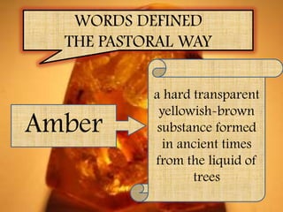 WORDS DEFINED
  THE PASTORAL WAY


           a hard transparent
            yellowish-brown
Amber       substance formed
             in ancient times
           from the liquid of
                  trees
 