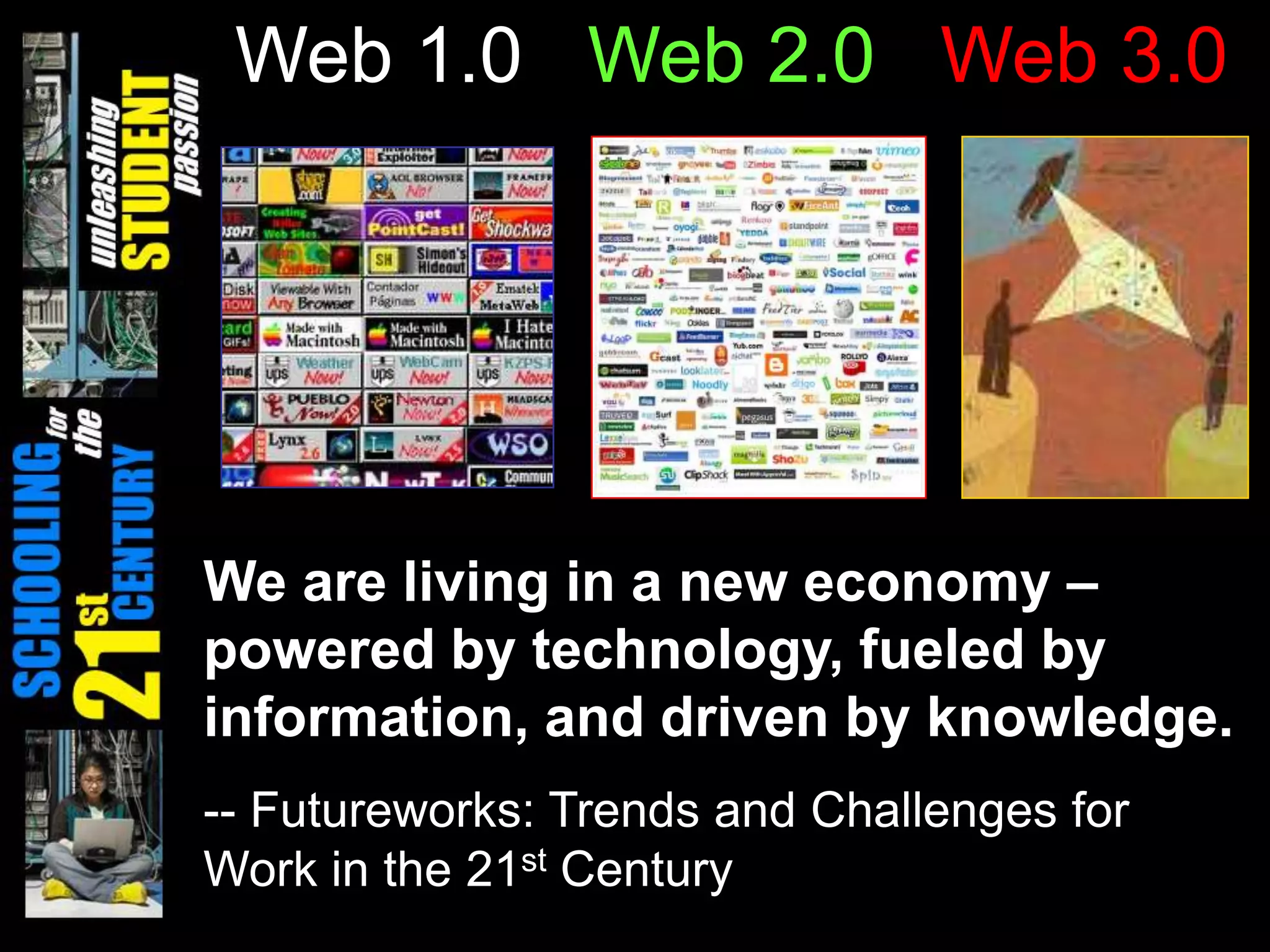 Web 1.0 Web 2.0 Web 3.0




We are living in a new economy –
powered by technology, fueled by
information, and driven by knowledge.
-- Futureworks: Trends and Challenges for
Work in the 21st Century
 