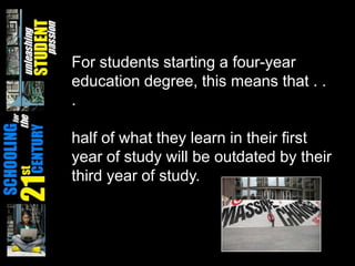 For students starting a four-year
education degree, this means that . .
.

half of what they learn in their first
year of study will be outdated by their
third year of study.
 