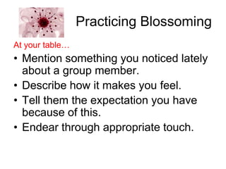 Practicing Blossoming
At your table…
• Mention something you noticed lately
  about a group member.
• Describe how it makes you feel.
• Tell them the expectation you have
  because of this.
• Endear through appropriate touch.
 