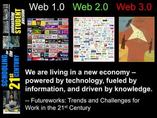 Web 1.0 Web 2.0 Web 3.0




We are living in a new economy –
powered by technology, fueled by
information, and driven by knowledge.
-- Futureworks: Trends and Challenges for
Work in the 21st Century
 