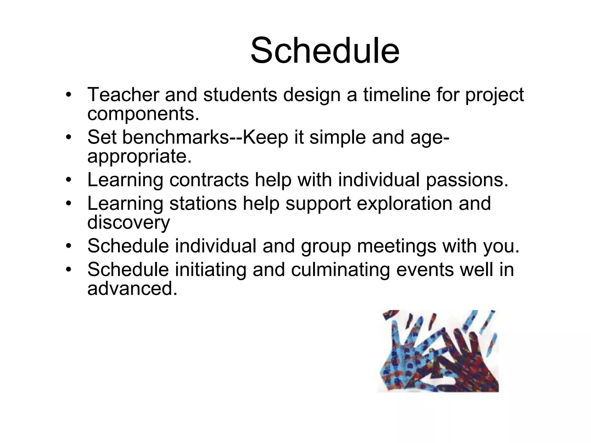 PlanPlan which content standards will be addressed while answering the question. (I start with my concept map, then I break into a topic map, then I match standards)Involve students in the questioning, planning, and project-building process. (I decide which areas I will teach and then I put them in cooperative learning groups of mixed ability and let them choice their area to become experts) Teacher and students brainstorm activities that support the inquiry.(I use a tic tac toe activity chart. Groups will choose three to do.)