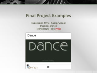 Final Project AssessmentAll final projects, regardless of topic or form, were presented in advisory and graded using a common rubric.Providing a rubric helps ensure that (1) students clearly understand the requirements/expectations and (2) all topics/products are valued equally.Assessment Categories