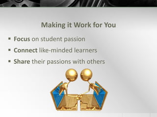 Student Survey Results: Did you notice a different level of commitment or engagement?Yes, because your passion is something that interests you and sometimes school projects do not.It encouraged me to make it good since it was about something I loved.Yes, because it was on a more personal level, instead of "homework".  Also, it was fun to do because it was about things we like to do.Yes, I learned more because I actually cared about the topic I was researching and making a final project for.No.  I say this because I give a full amount of effort and commitment to ALL of my work.